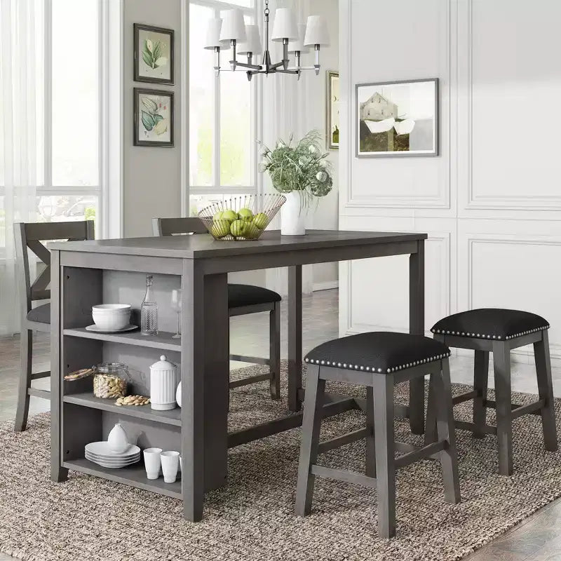 Ensemble de salle à manger 5 pièces rustique de style ferme, ensemble de salle à manger avec table de salle à manger de hauteur comptoir/bar, 2 chaises de salle à manger et 2 tabourets, Gris/Blanc-ModernLuxe
