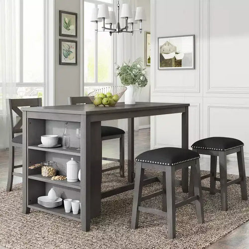 Ensemble de salle à manger 5 pièces rustique de style ferme, ensemble de salle à manger avec table de salle à manger de hauteur comptoir/bar, 2 chaises de salle à manger et 2 tabourets, Gris/Blanc-ModernLuxe