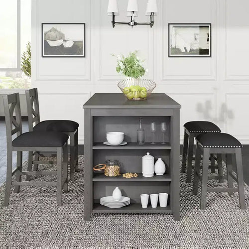 5-Piece Rustic Farmhouse Dining Table Set Dining Set with Counter Bar Height Dining Table, 2 Dining Chairs and 2 Stools, Gray/White-ModernLuxe