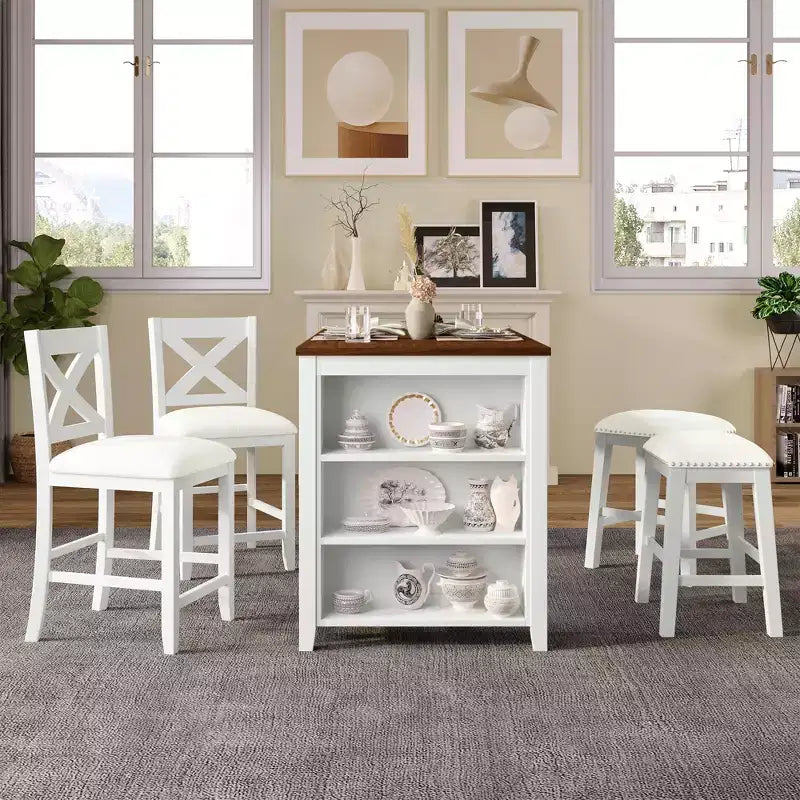 Ensemble de salle à manger 5 pièces rustique de style ferme, ensemble de salle à manger avec table de salle à manger de hauteur comptoir/bar, 2 chaises de salle à manger et 2 tabourets, Gris/Blanc-ModernLuxe