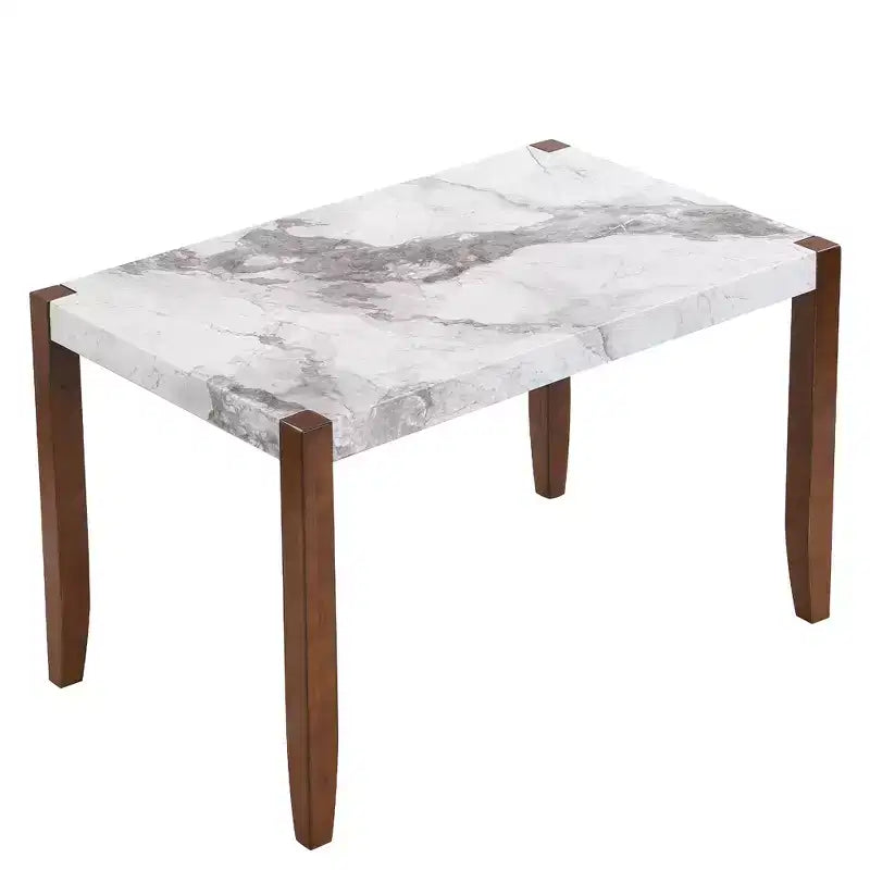 Ensemble de salle à manger 4/5 pièces moderne, table à manger peu encombrante avec plateau en faux marbre, 2 chaises rembourrées et un banc, blanc+marron-ModernLuxe