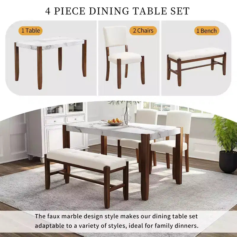 Ensemble de salle à manger 4/5 pièces moderne, table à manger peu encombrante avec plateau en faux marbre, 2 chaises rembourrées et un banc, blanc+marron-ModernLuxe