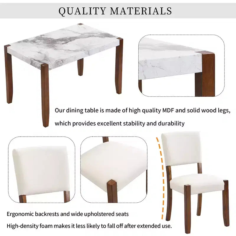 Ensemble de salle à manger 4/5 pièces moderne, table à manger peu encombrante avec plateau en faux marbre, 2 chaises rembourrées et un banc, blanc+marron-ModernLuxe