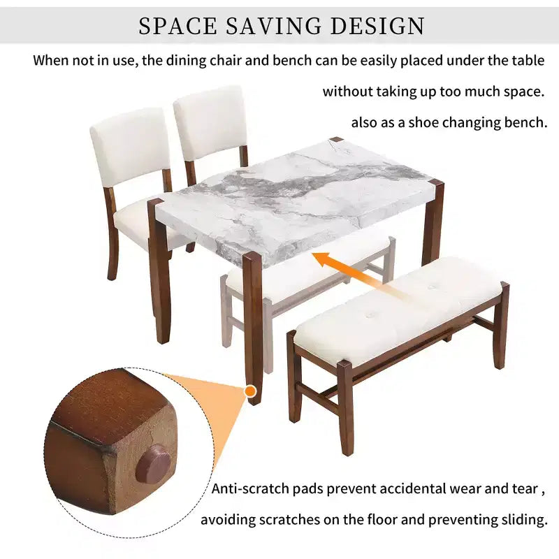 Ensemble de salle à manger 4/5 pièces moderne, table à manger peu encombrante avec plateau en faux marbre, 2 chaises rembourrées et un banc, blanc+marron-ModernLuxe