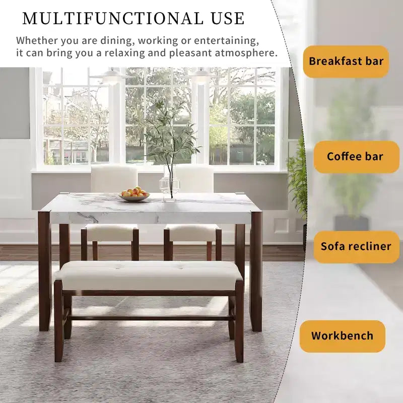 Ensemble de salle à manger 4/5 pièces moderne, table à manger peu encombrante avec plateau en faux marbre, 2 chaises rembourrées et un banc, blanc+marron-ModernLuxe