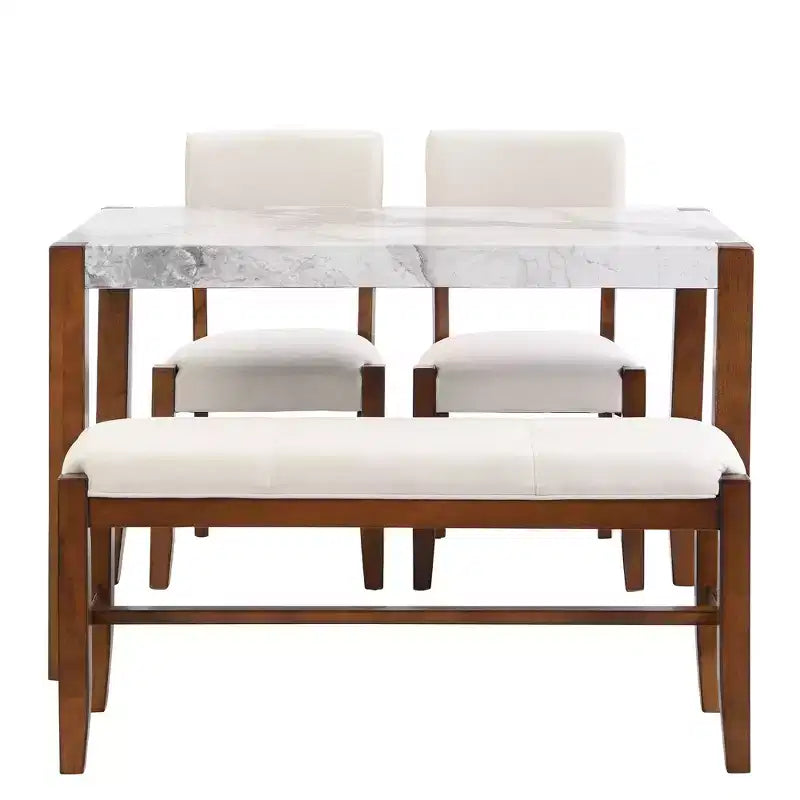 Ensemble de salle à manger 4/5 pièces moderne, table à manger peu encombrante avec plateau en faux marbre, 2 chaises rembourrées et un banc, blanc+marron-ModernLuxe