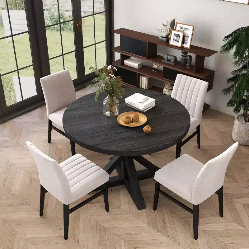 Ensemble de salle à manger rond 5 pièces Walton, table ronde avec piètement en croix et 4 chaises latérales