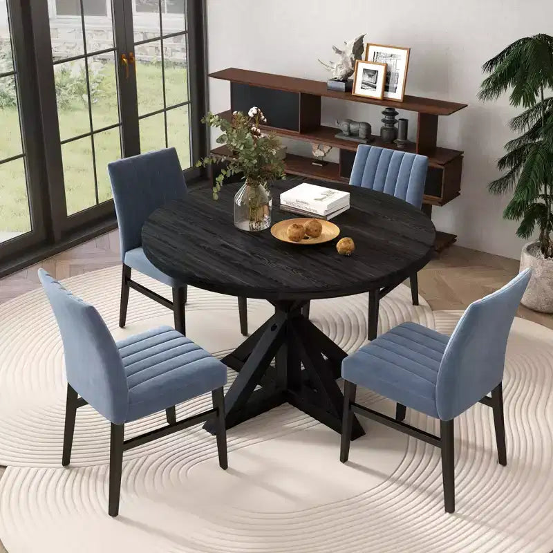 Ensemble de salle à manger rond 5 pièces Walton, table ronde avec piètement en croix et 4 chaises latérales