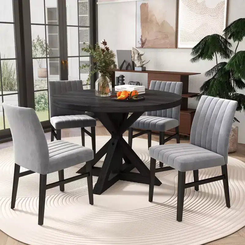 Ensemble de salle à manger rond 5 pièces Walton, table ronde avec piètement en croix et 4 chaises latérales