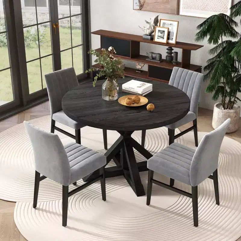Ensemble de salle à manger rond 5 pièces Walton, table ronde avec piètement en croix et 4 chaises latérales