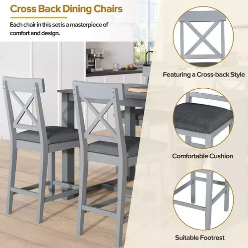 Ensemble de salle à manger 5 pièces style ferme, hauteur comptoir, avec 4 chaises rembourrées et étagères de rangement à 3 niveaux, gris/naturel + blanc - ModernLuxe
