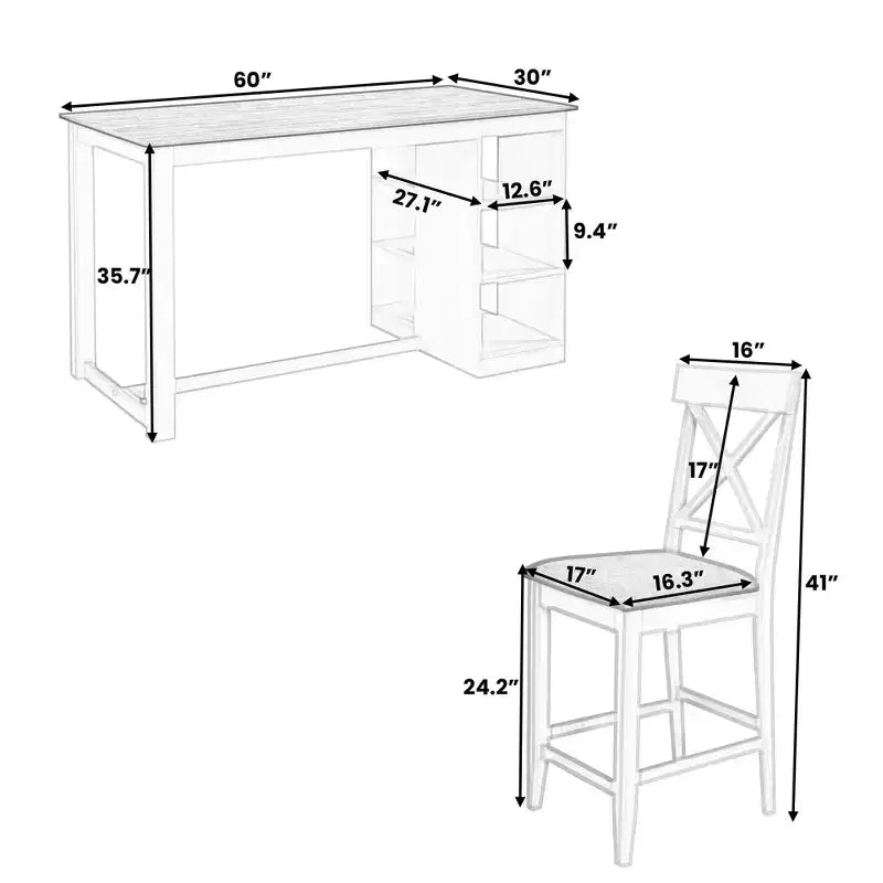 Ensemble de salle à manger 5 pièces style ferme, hauteur comptoir, avec 4 chaises rembourrées et étagères de rangement à 3 niveaux, gris/naturel + blanc - ModernLuxe