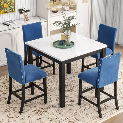 Ensemble de salle à manger 5 pièces, ensemble de table à manger à hauteur de comptoir, ensemble de salle à manger à hauteur de bar avec 4 chaises rembourrées en velours et table à manger à plateau en faux marbre - ModernLuxe
