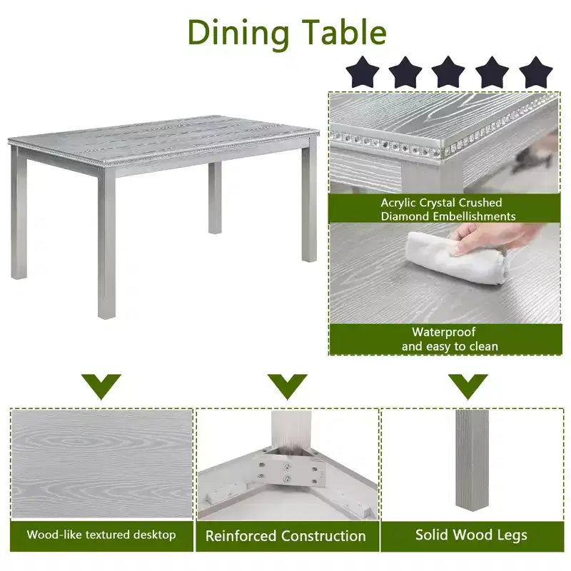 Table à Manger en Bois 6 Pièces avec 4 Chaises Rembourrées et un Banc pour 6 Personnes, Ensemble de Table à Manger Rectangulaire avec Décoration en Cristal