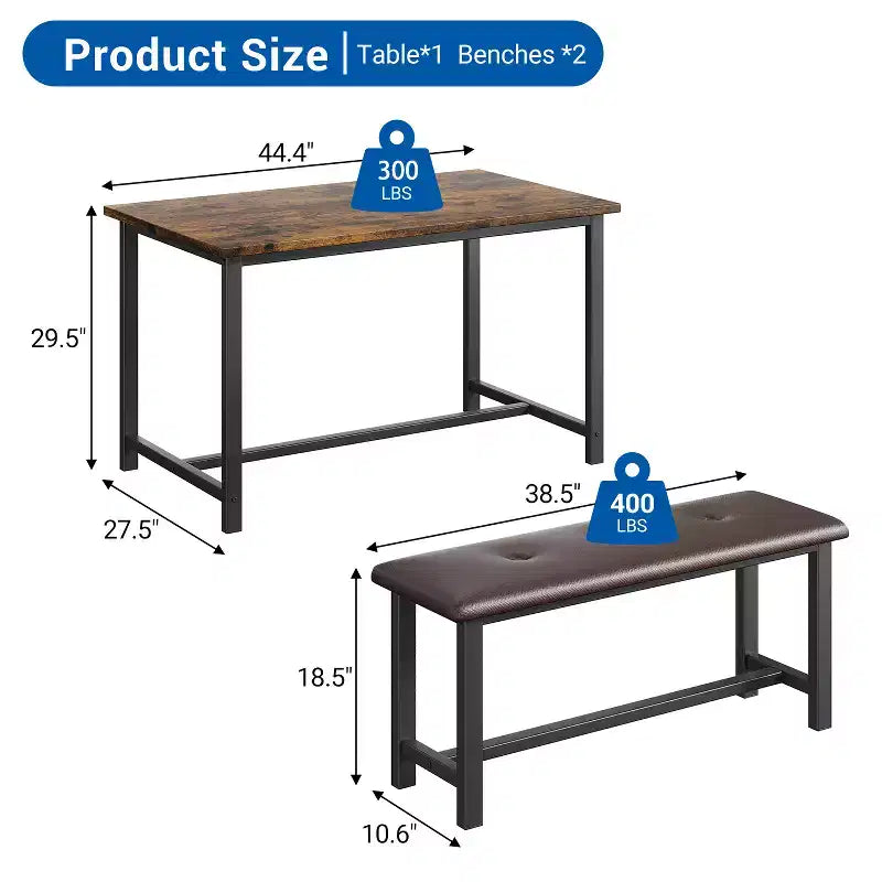 Ensemble table à manger pour 4 personnes, table de cuisine avec 2 bancs rembourrés, ensemble de salle à manger en bois, pour petit espace, appartement, maison, dîner