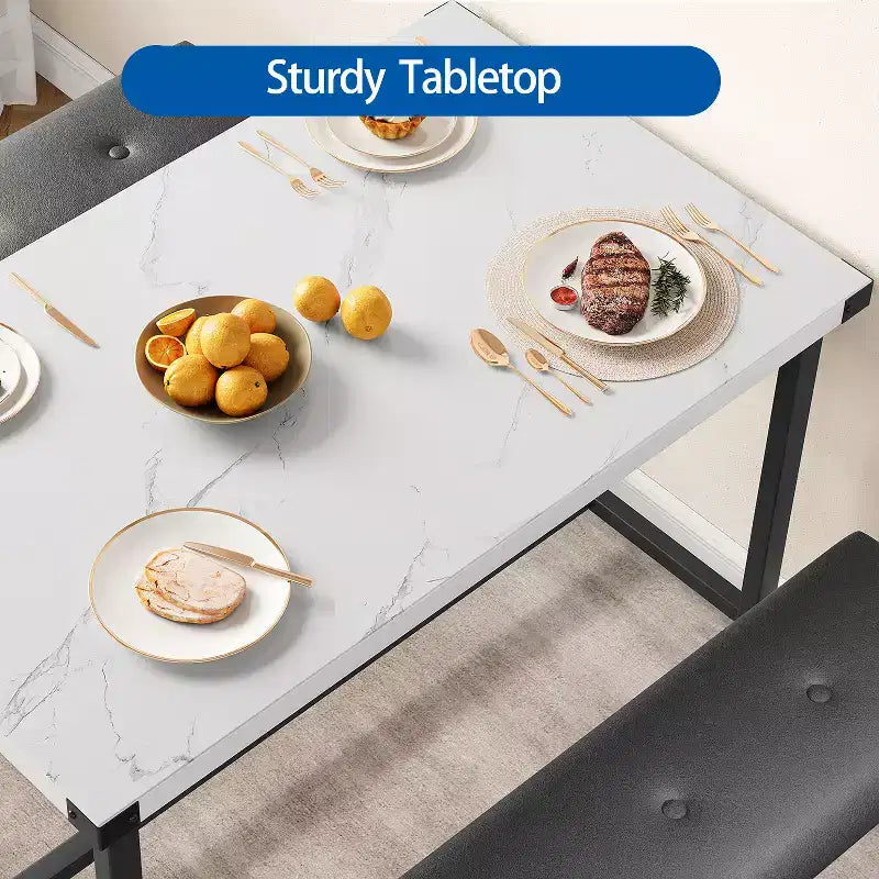 Ensemble table à manger pour 4 personnes, table de cuisine avec 2 bancs rembourrés, ensemble de salle à manger en bois, pour petit espace, appartement, maison, dîner