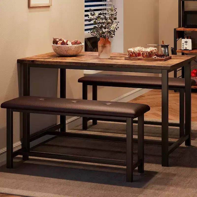Ensemble table à manger pour 4 personnes, table de cuisine avec 2 bancs rembourrés, ensemble de salle à manger en bois, pour petit espace, appartement, maison, dîner