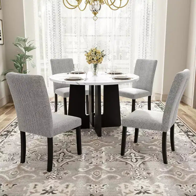 Ensemble table à manger ronde 5 pièces pour 4 personnes, table à manger moderne en marbre et 4 chaises rembourrées à dossier haut