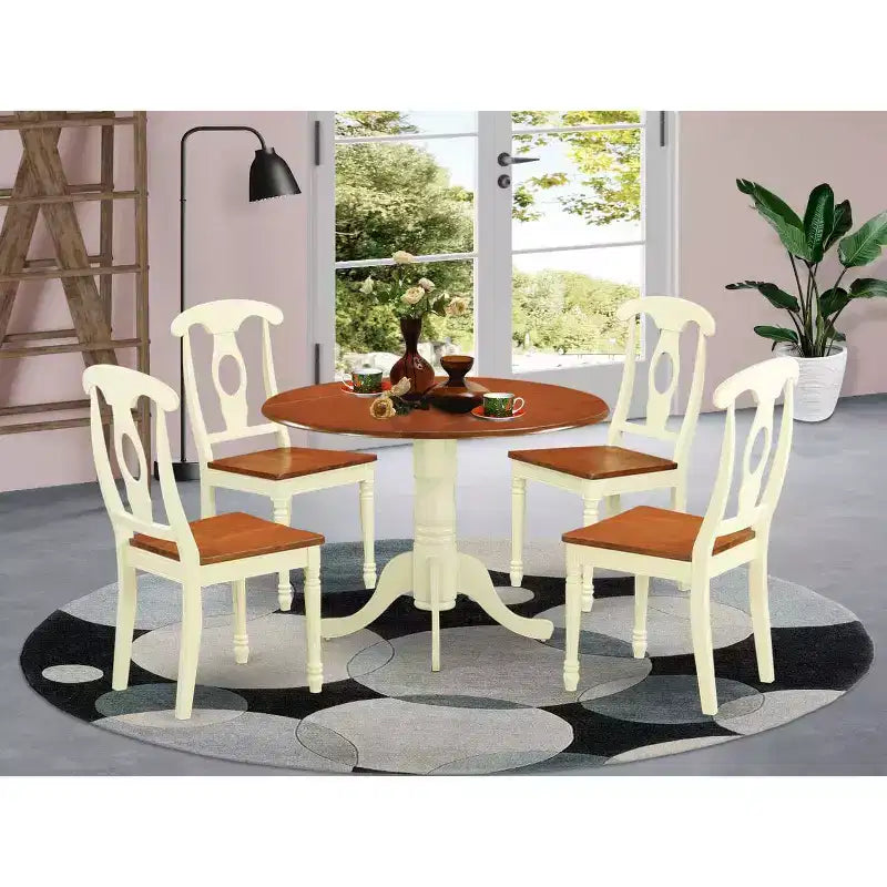 HomeStock 5 Piece Dining Room Furniture Set Includes a Round Kitchen Table with Dropleaf and 4 Dining Chairs, 42x42 Inch