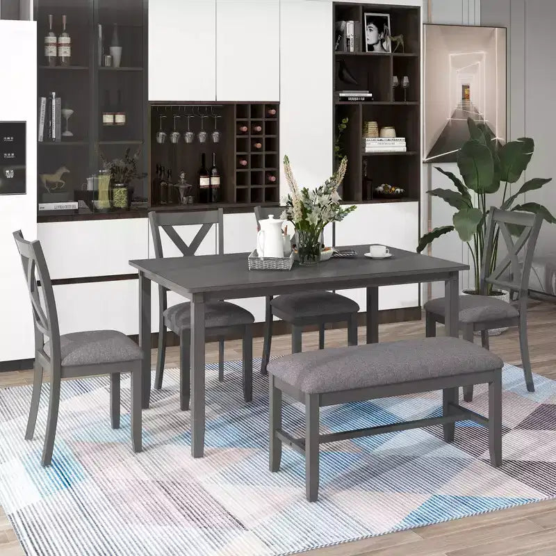 Ensemble de salle à manger 6 pièces de style ferme avec banc pour 6 personnes, table rectangulaire en bois et 4 chaises rembourrées