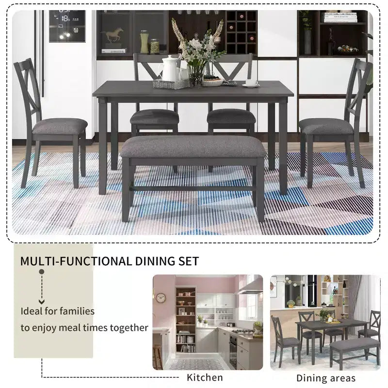 Ensemble de salle à manger 6 pièces de style ferme avec banc pour 6 personnes, table rectangulaire en bois et 4 chaises rembourrées