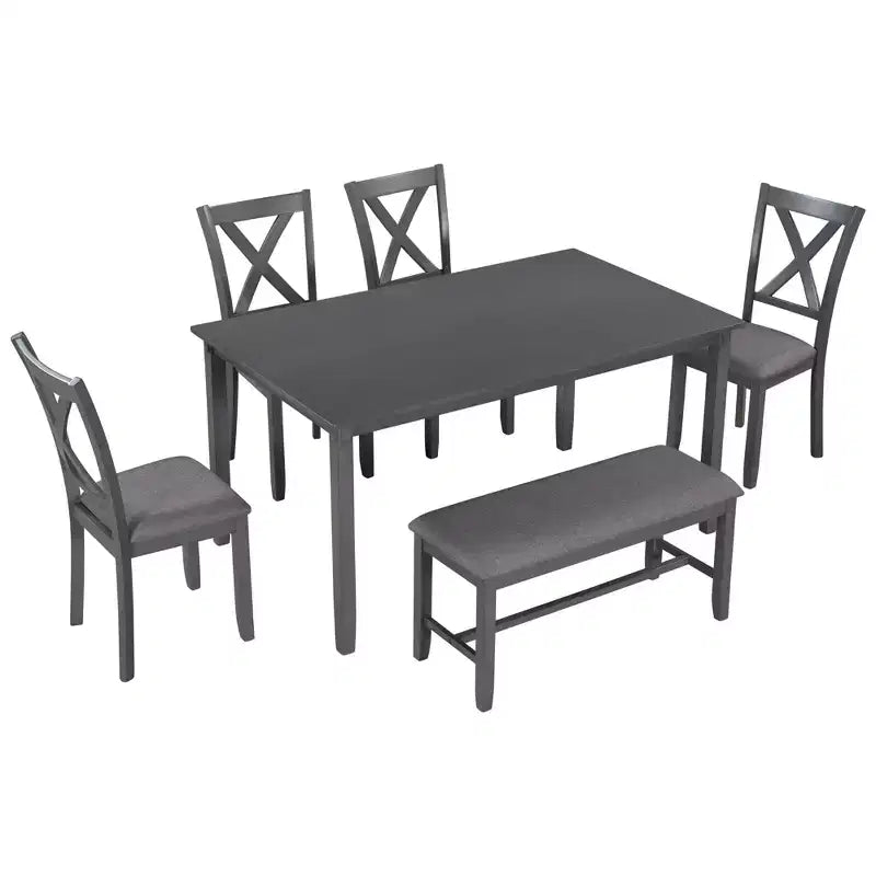 Ensemble de salle à manger 6 pièces de style ferme avec banc pour 6 personnes, table rectangulaire en bois et 4 chaises rembourrées