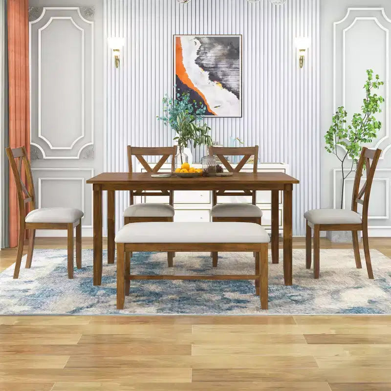 Ensemble de salle à manger 6 pièces de style ferme avec banc pour 6 personnes, table rectangulaire en bois et 4 chaises rembourrées