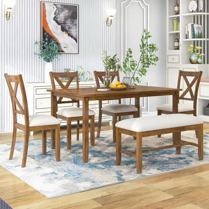 Ensemble de salle à manger 6 pièces de style ferme avec banc pour 6 personnes, table rectangulaire en bois et 4 chaises rembourrées