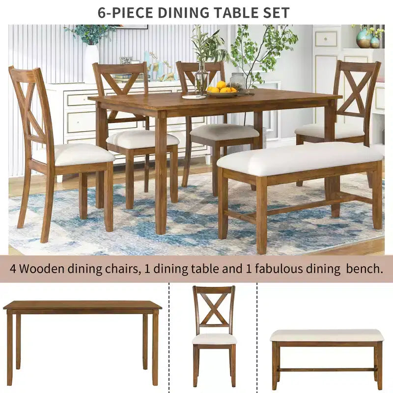 Ensemble de salle à manger 6 pièces de style ferme avec banc pour 6 personnes, table rectangulaire en bois et 4 chaises rembourrées
