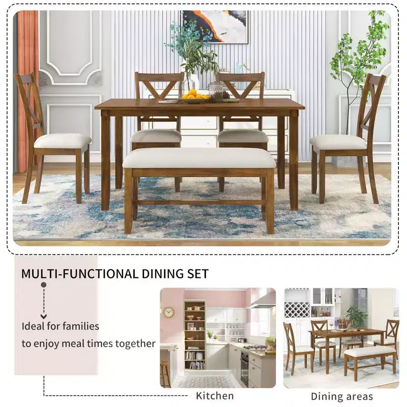 Ensemble de salle à manger 6 pièces de style ferme avec banc pour 6 personnes, table rectangulaire en bois et 4 chaises rembourrées