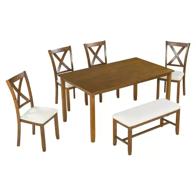 Ensemble de salle à manger 6 pièces de style ferme avec banc pour 6 personnes, table rectangulaire en bois et 4 chaises rembourrées