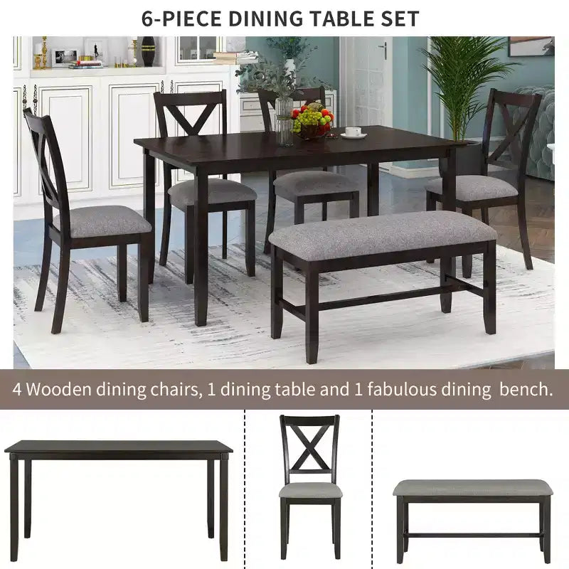 Ensemble de salle à manger 6 pièces de style ferme avec banc pour 6 personnes, table rectangulaire en bois et 4 chaises rembourrées
