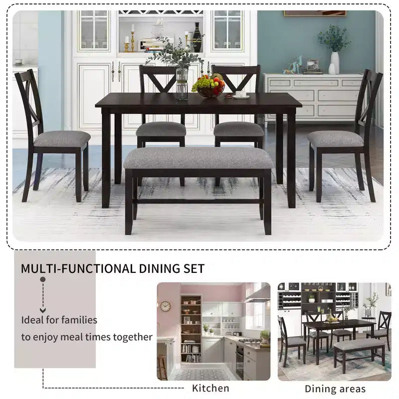 Ensemble de salle à manger 6 pièces de style ferme avec banc pour 6 personnes, table rectangulaire en bois et 4 chaises rembourrées