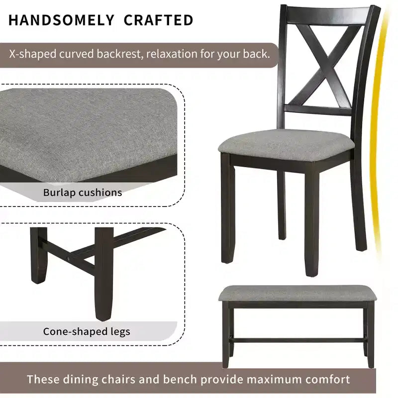 Ensemble de salle à manger 6 pièces de style ferme avec banc pour 6 personnes, table rectangulaire en bois et 4 chaises rembourrées