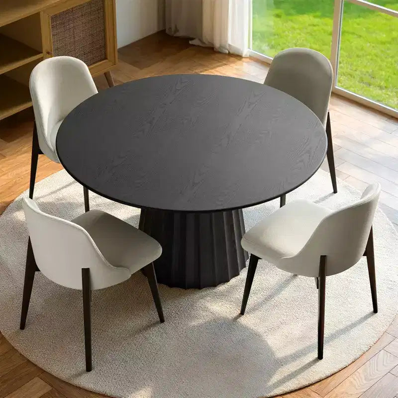 PexFix 46 Ensemble table à manger ronde moderne avec 4 chaises rembourrées Plateau en bois texturé noir Base piédestal plissée Sièges beiges pour cuisine salle à manger
