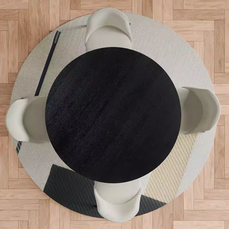 PexFix 46 Ensemble table à manger ronde moderne avec 4 chaises rembourrées Plateau en bois texturé noir Base piédestal plissée Sièges beiges pour cuisine salle à manger