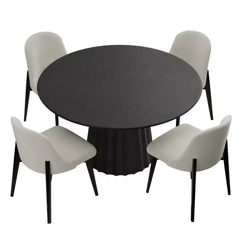 PexFix 46 Ensemble table à manger ronde moderne avec 4 chaises rembourrées Plateau en bois texturé noir Base piédestal plissée Sièges beiges pour cuisine salle à manger