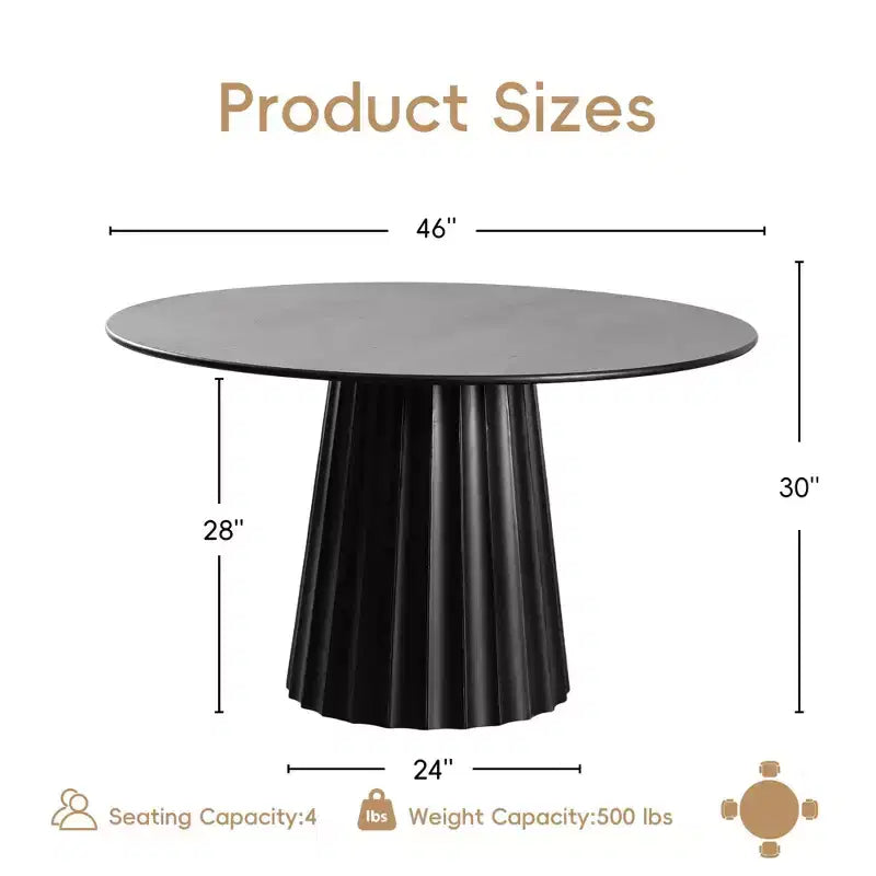 PexFix 46 Ensemble table à manger ronde moderne avec 4 chaises rembourrées Plateau en bois texturé noir Base piédestal plissée Sièges beiges pour cuisine salle à manger