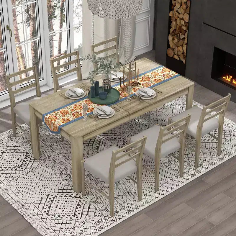 Ensemble de salle à manger extensible 7 pièces GDFStudio Louisa avec table en bois et chaises rembourrées