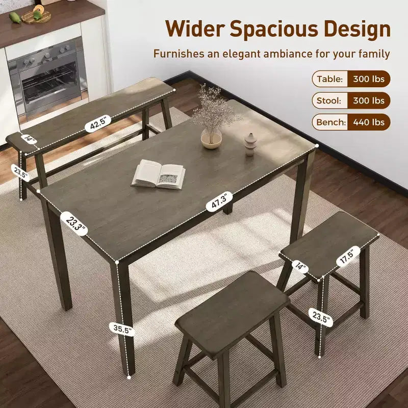 Captiva Designs Ensemble de salle à manger 4 pièces en bois avec table à manger rectangulaire, tabourets et banc