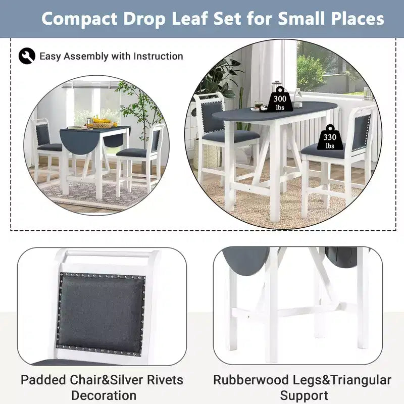 Clihome Ensemble de salle à manger 3 pièces avec table à rabat, design demi-lune extensible avec chaises de style rustique, pour petits espaces