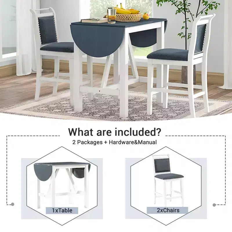 Clihome Ensemble de salle à manger 3 pièces avec table à rabat, design demi-lune extensible avec chaises de style rustique, pour petits espaces