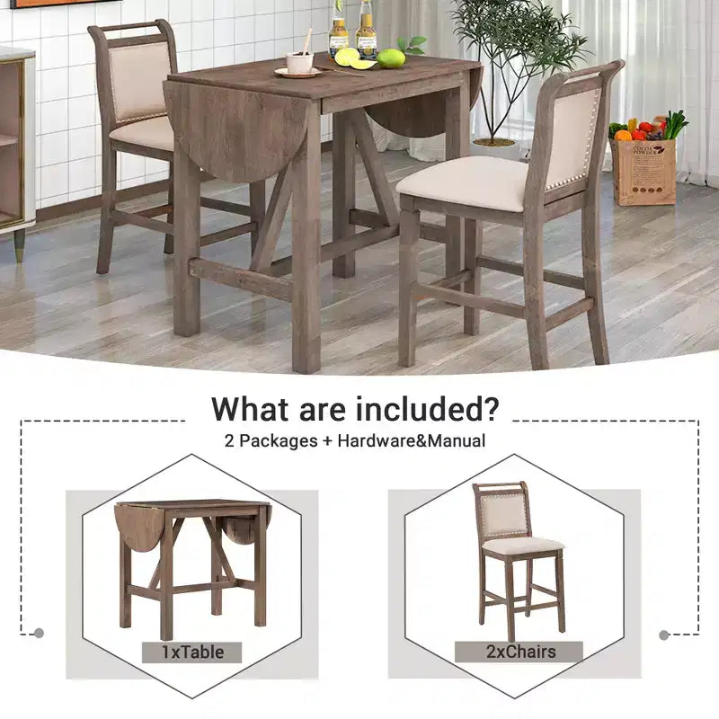 Clihome Ensemble de salle à manger 3 pièces avec table à rabat, design demi-lune extensible avec chaises de style rustique, pour petits espaces