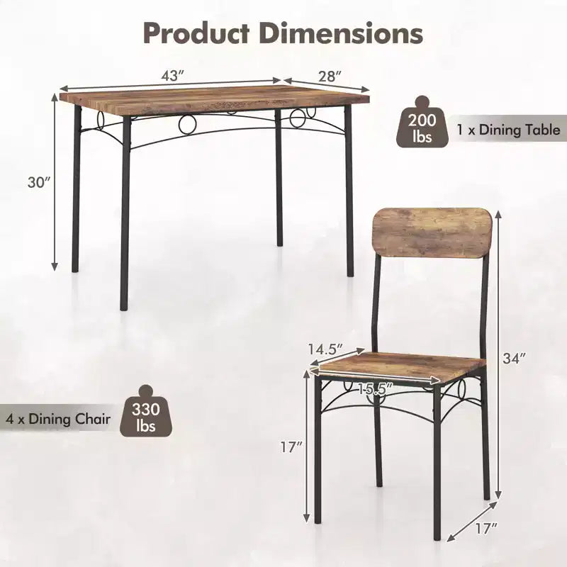 Ensemble de salle à manger industriel Costway 5 pièces, table rectangulaire en bois et 4 chaises