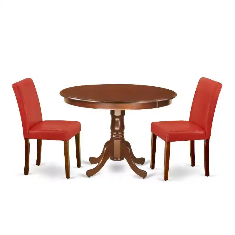 Round Kitchen Table Set 42 Inch - 3Pc Table & Chair Set - PU Leather Parsons Chairs - Firebrick Red
