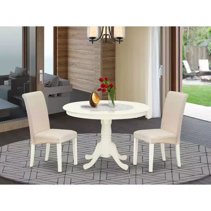 Ensemble de coin-repas 3 pièces - Table de cuisine ronde et 2 chaises Parsons - Finition blanc lin