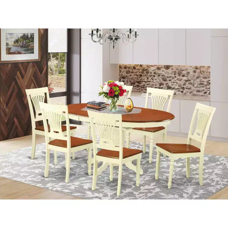 Ensemble de salle à manger 7 pièces, table ovale avec 6 chaises, finition cerisier et crème.
