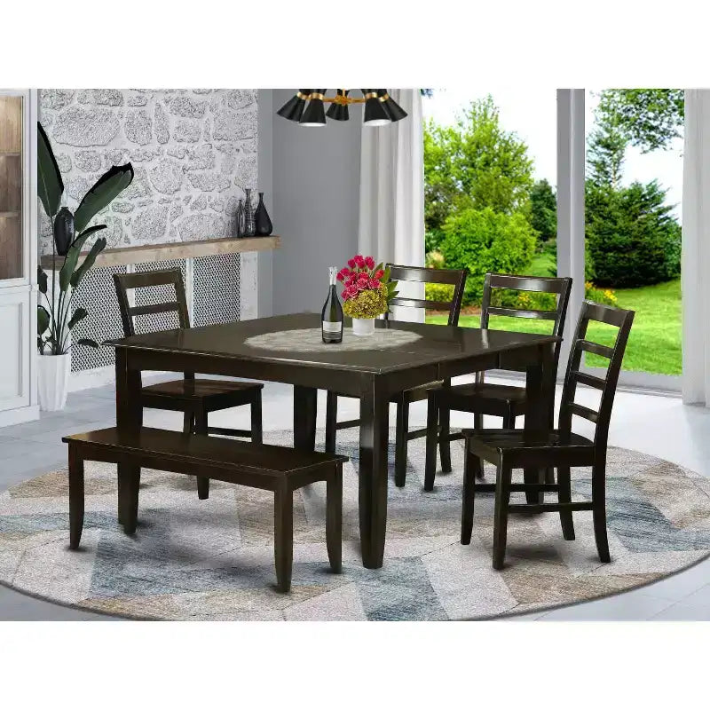 Ensemble dînette méditerranéen - Table de cuisine avec 4 chaises et un banc - Ensemble de salle à manger en bois massif