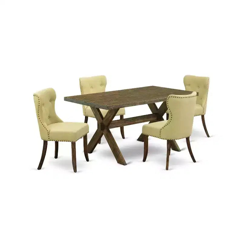HomeStock 5-Piece Rectangle Distressed Jacobean Finish Solid Wood Top Dining Table with 4-Parson Chair
