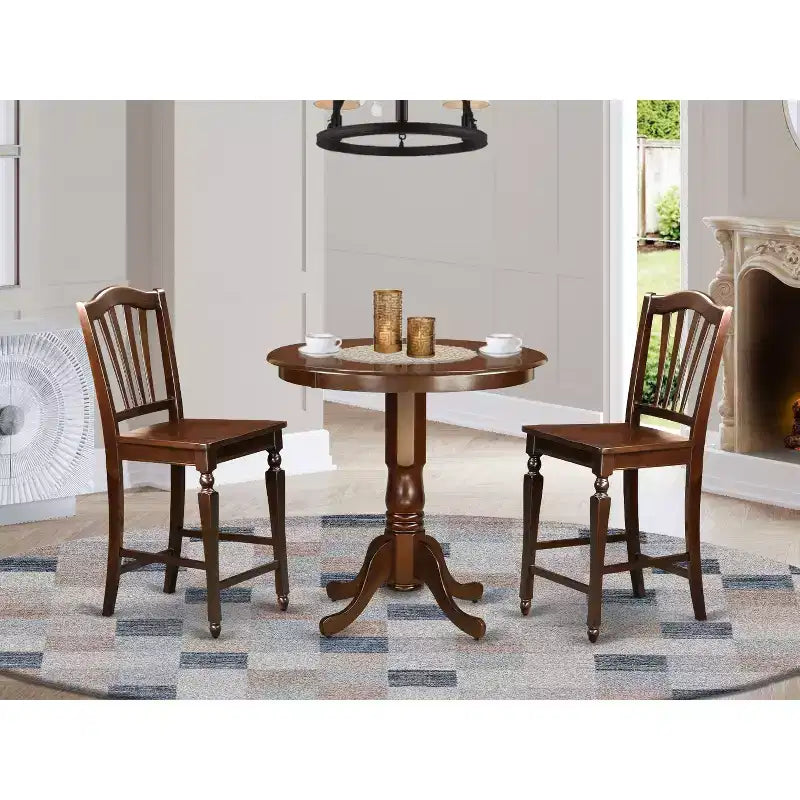 Ensemble de salle à manger hauteur comptoir - Ensemble de table et 2 chaises - Table piédestal ronde - Fini acajou